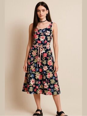 newport news cocktail dresses Vintage 90's Newport News Women's Dress / Size 8 / Pink, Red & Orange  Floral Midi Dress